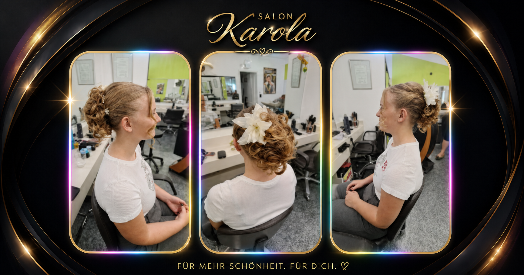 Drei Ansichten einer festlichen Hochsteckfrisur mit Blumenschmuck für Abiball oder Hochzeit im Salon Karola in Calw-Wimberg