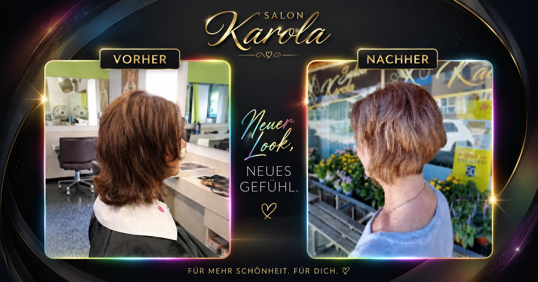 Vorher-Nachher-Vergleich eines frischen Kurzhaarschnitts mit natürlicher Form im Salon Karola in Calw-Wimberg