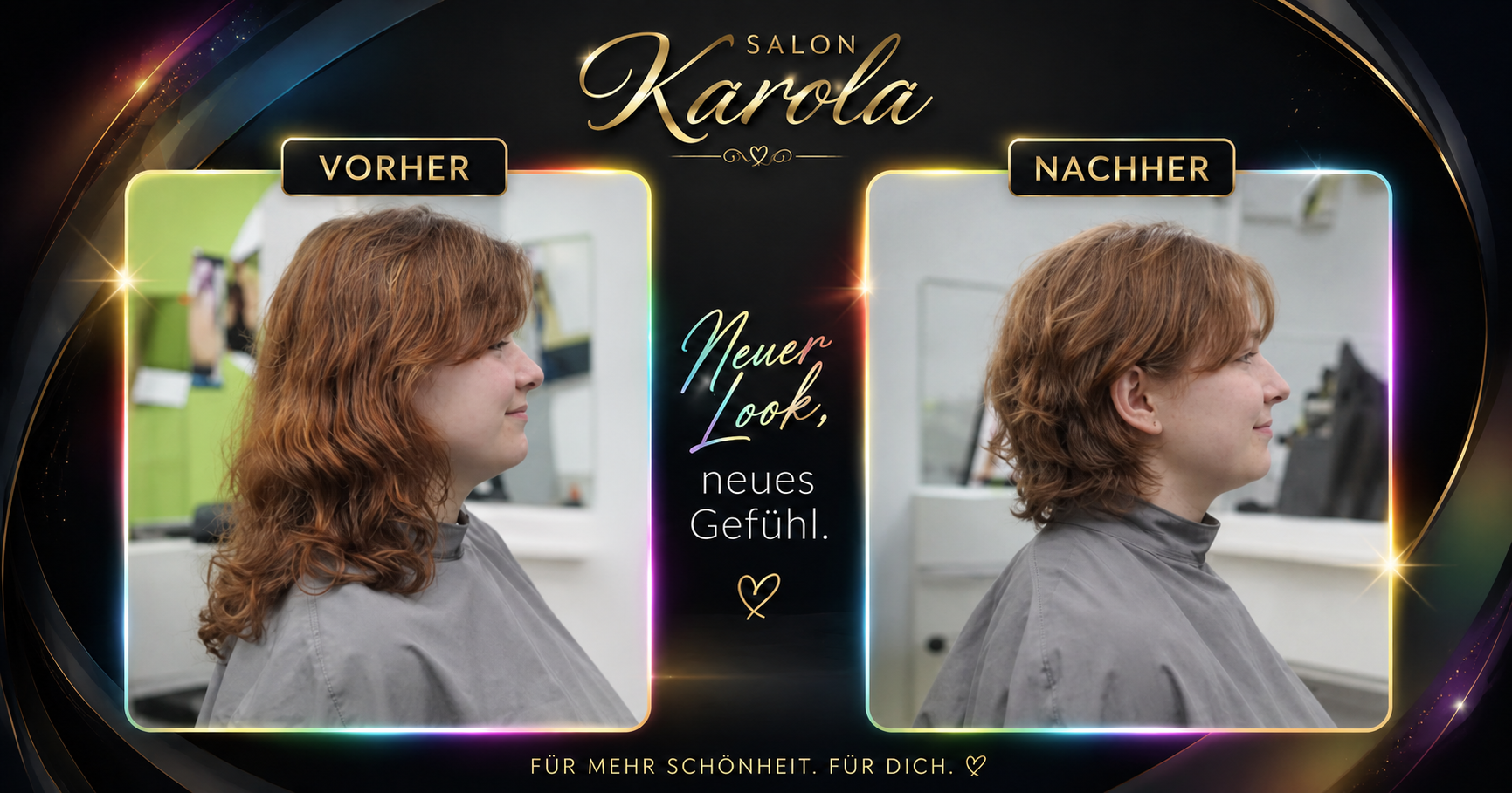 Vorher-Nachher-Vergleich von Schnitt und Form mit kupferbraunem Haar im Salon Karola in Calw-Wimberg